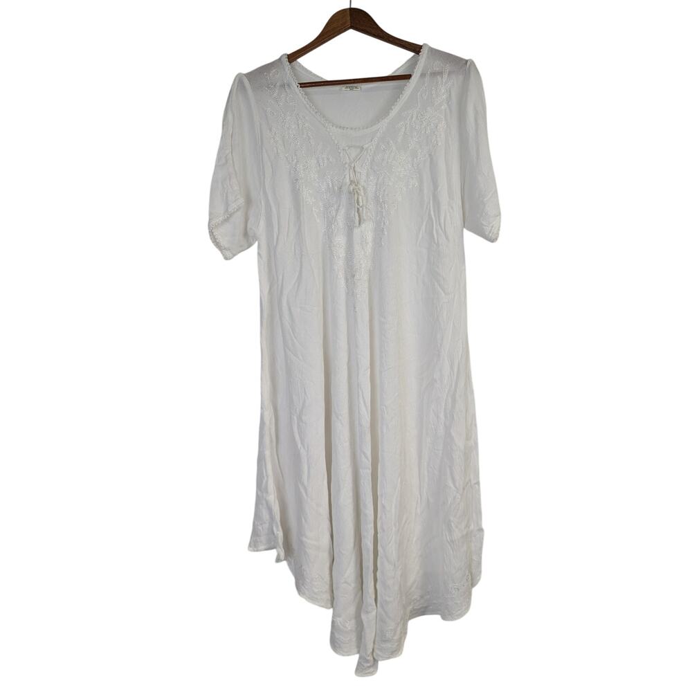 Sheer White Boho Dress Embroidered Tie Front Ren Faire Festival Coquette Medium